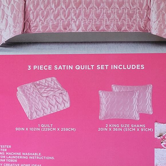 Juicy Couture King Pink Coquette Cute Satin Heart Stitched 3 Piece Quilt Set NWT - Picture 7 of 8
